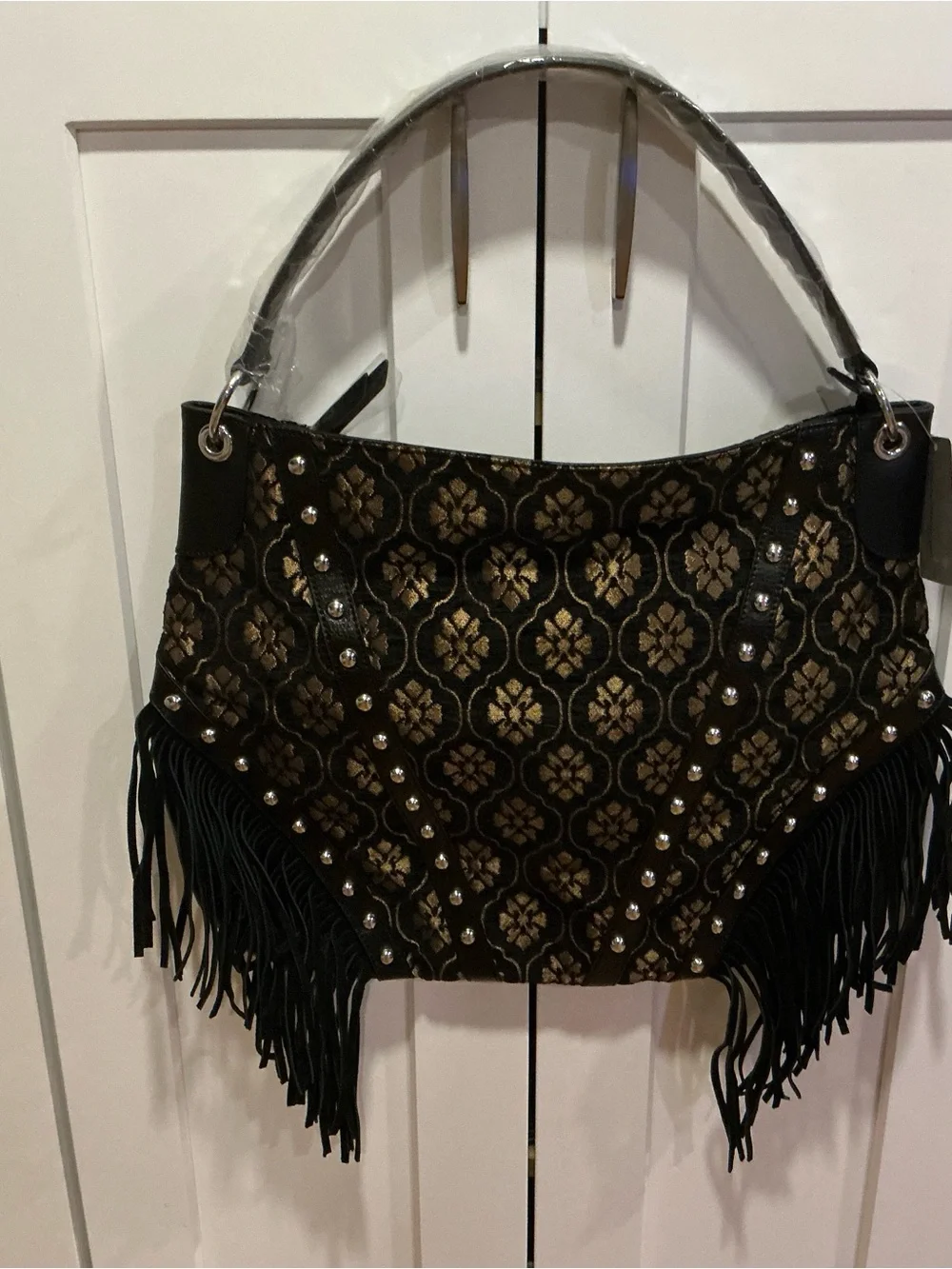 Sharif NY tapestry velvet tassel studs tote purse shoulder bag